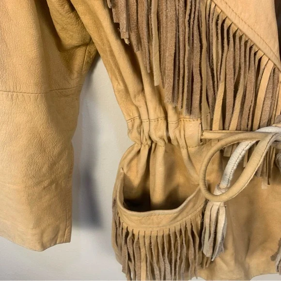 VTG LNR Soft Leather Western Tassel Fringe Waist Drawstring Jacket - Picture 6 of 16
